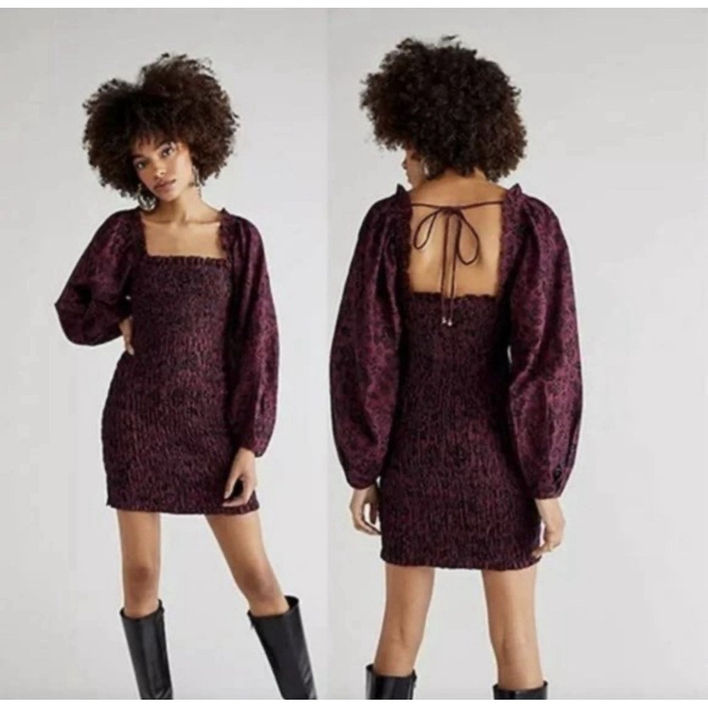 Free People Smock It To Me Mini Dress XS Burgundy Floral Puff Sleeve Cotton NEW - Picture 2 of 13